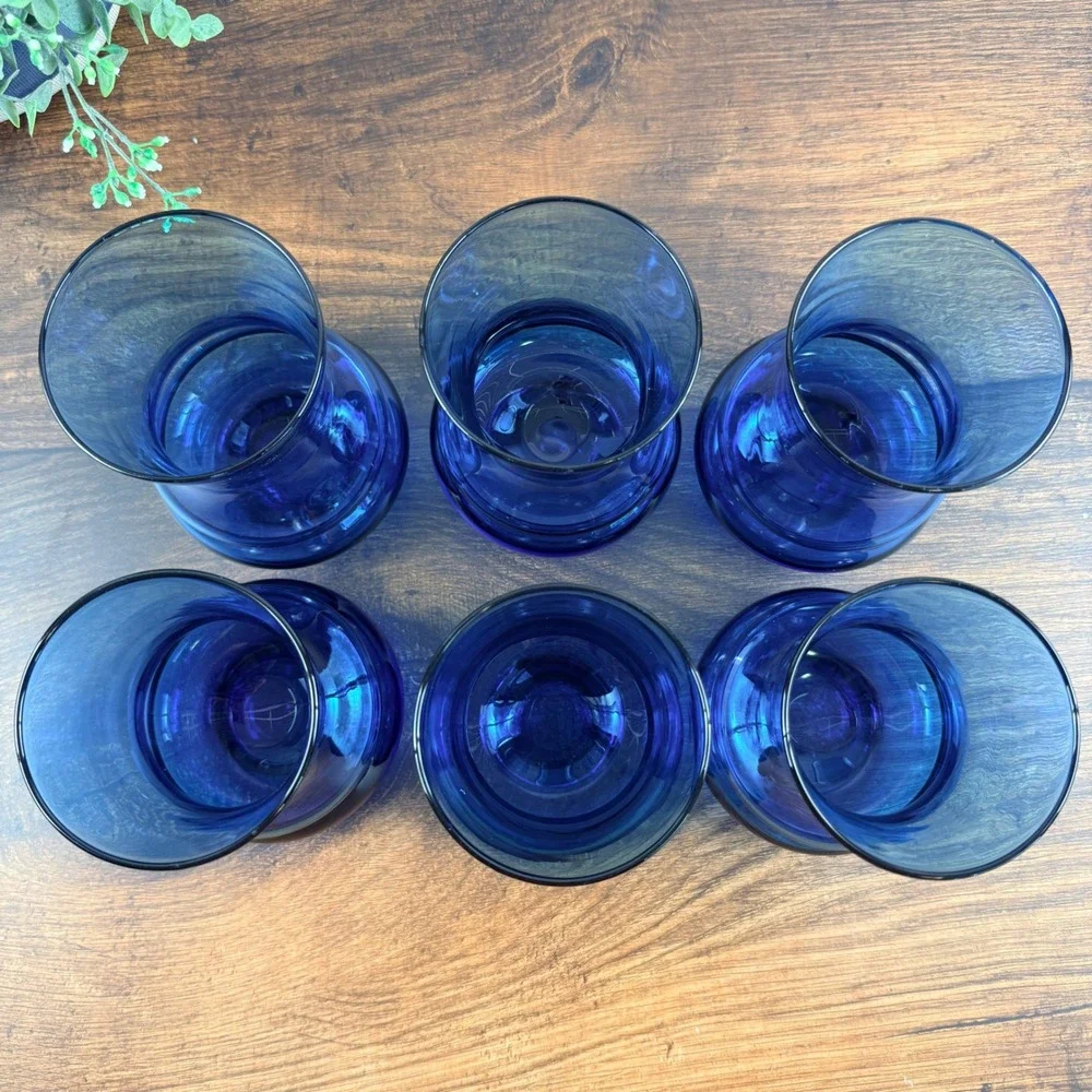Cobalt Blue Hand Blown Glass Tumblers Scandi Modern MCM Barware Set of 6